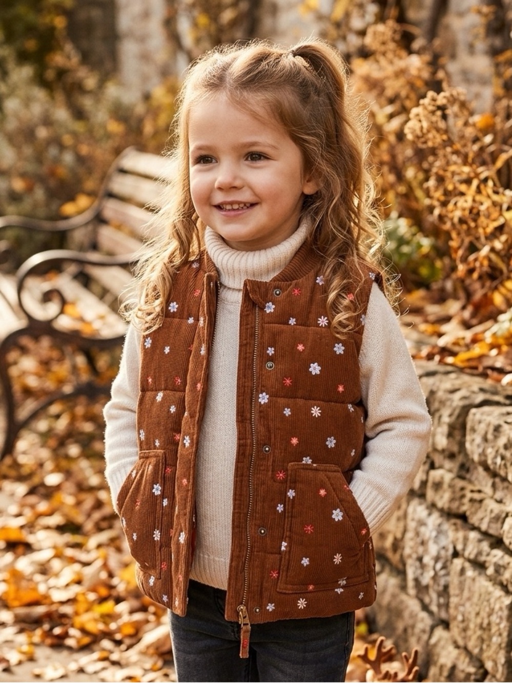 Mini Boden Brown Corduroy Puffer Vest with White & Red Floral Embroidery Cotton